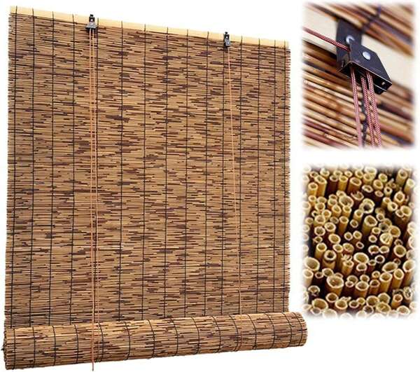 Kynley Estor enrollable efecto bambú,Persiana enrollable de Junco,Cortinas Opacas Transpirables Persiana Enrollable Para Ventanas,adecuadas para interiores y exteriores,variedad de medidas