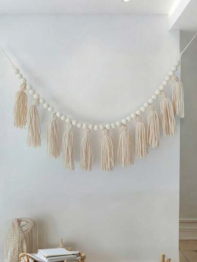 1pc Beige Tassel Garland, Boho Fabric Tassel Garland With Wooden Beads, Handmade Home Wall Hanging Decor,Bohemian Banner Tassels For Wedding Nursery Classroom Birthday Party Living Room Bedroom Decorations Back To School Supplies Thanksgiving Christmas Holiday Essentials Gift