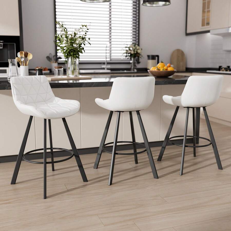 Counter Height Bar Stools Set Of 3, 26 Inch Modern Barstools With Backs, Counter Height Chairs With Pu Leather, Metal Legs, Footrest For Kitchen Island, Dining, White