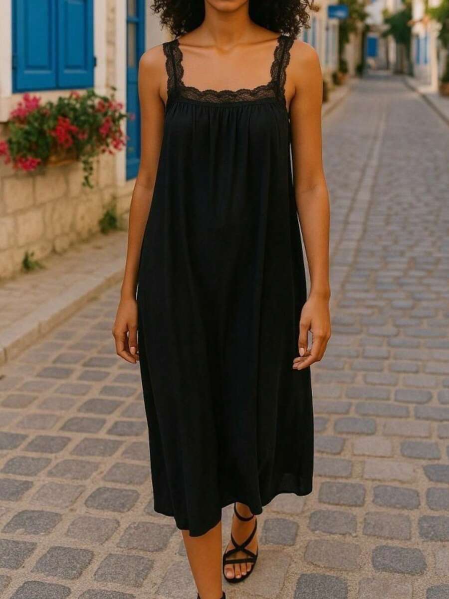 Women's Black Lace Trim Midi Dress - Sleeveless Summer Casual Dress - Black - View 1