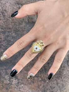 1 pieza Anillo de joyería con forma de corazón chapado en oro con circonita brillante, ojo de la suerte abierto, adecuado para uso diario y fiestas de mujeres
