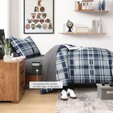 King Comforter Set, Classic Red Black Plaid-Piece Bedding Set, Farmhouse Lightweight All-Season Bed In A Bag With Sheets, Pillowcases & Shams, Home Decor - 海軍藍 - 查看 4