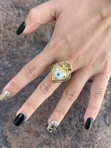 1 pieza Anillo de joyería con forma de corazón chapado en oro con circonita brillante, ojo de la suerte abierto, adecuado para uso diario y fiestas de mujeres