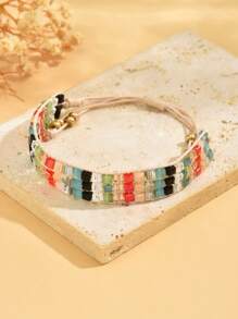 1pc Unisex Boho Geometric Square Multi-Layer Faux Crystal Beaded Braided Adjustable Bracelet, Design