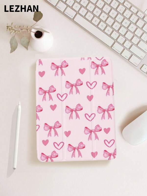 1 pieza Estuche protector plano con estampado de moño y corazón en color rosa, compatible con iPad de 10.2 pulgadas, iPad Pro de 11 pulgadas 2021/2020/10a generación, iPad Mini 4/5/6, Galaxy Tab A8 de 10.5 pulgadas 2022, Matepad 10.4/Tab, con ranura para lápiz, anti caídas, estuche con soporte para tableta