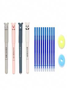 4pcs Pens With 20pcs Refills, Needle Tube, 0.35mm Cartoon Animal Themed Erasable Gel Pen Set