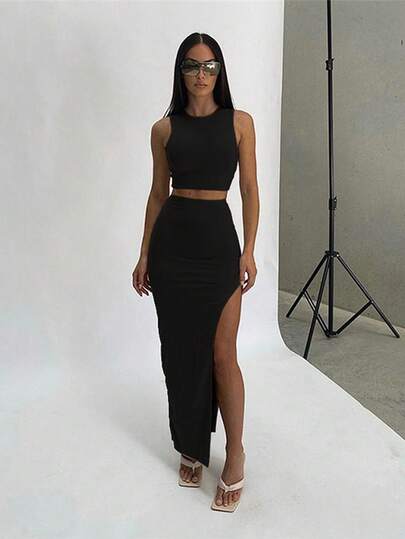 Women's Summer Solid Color Round Neck Camisole And High Waist Slit Skirt Sexy 2pcs Set Black