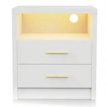 OYAJIA High Gloss Bedside Table With LED Light & Charging Station, 2/3 Drawers Sofa Side Table With 2 USB Ports, Modern Nightstand With Compact Storage For Bedroom, Living Room - White - View 11