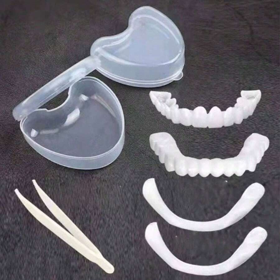 1 Set, Dentures - Perforated Teeth Cover+Heart-Shaped Box Without Printing+Upper And Lower Teeth+2 Strips Of Eucommia Ulmoides Gum, Comfortable And Fitting Dental Veneer, Flexible White Plastic Teeth Cover For Men And Women, Upper And Lower Teeth Cover Accessories, Aesthetic Teeth Cover | Comfortable And Fitting Veneer | Durable Plastic, Dental Supplies - White - View 1