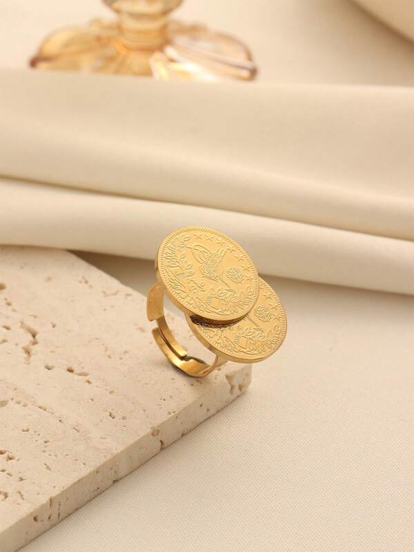 1pc Simple Retro Gold-Plated Stainless Steel Coin Fused Open Ring, Suitable For Women's Daily Wear And Holiday Gifts