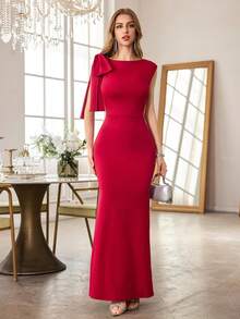 MUXXN Asymmetric Neckline One Shoulder Bow Decor Long Mermaid Formal Gown, Suitable For Wedding Guest, Graduation Ceremony, Banquet, Spring/Summer - Burgundy - View 1