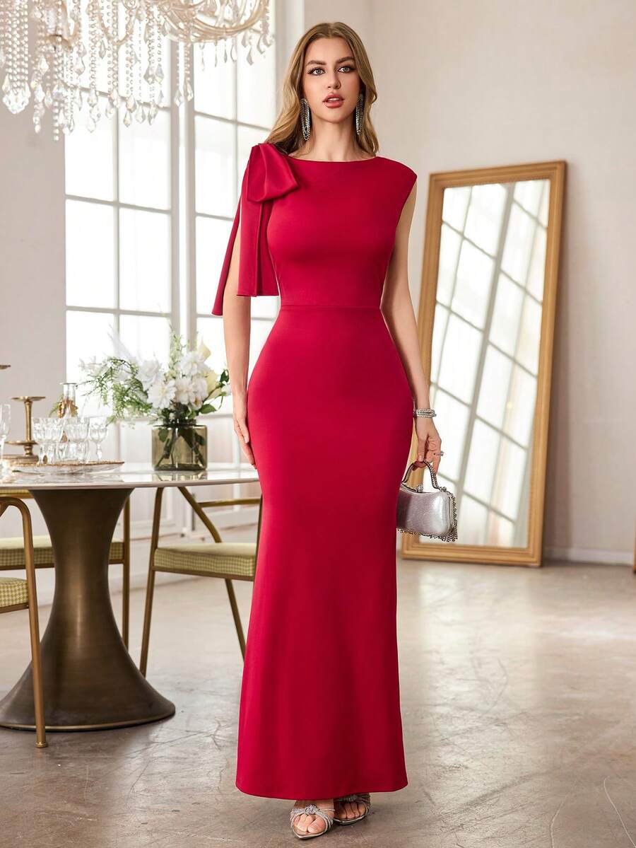 MUXXN Asymmetric Neckline One Shoulder Bow Decor Long Mermaid Formal Gown, Suitable For Wedding Guest, Graduation Ceremony, Banquet, Spring/Summer - Burgundy - View 1