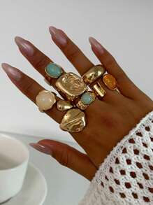 7 件复古时尚几何玉石镶嵌戒指套装，女式金属厚实金色戒指适合女士日常佩戴、派对和礼物首饰套装