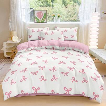 2/3pcs Bedding Set, Pink Bow Printed Soft & Comfortable Bedding, Sweet Girl Style Bedroom Decor, Breathable Anti-Dust Microfiber Duvet Cover, Suitable For Single/Double/King Size Bed, Includes 1 Duvet Cover And 2/1 Pillow Shams, Holiday Gift, Autumn Decor