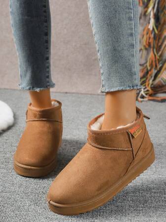 2025新款秋冬女式防滑厚底保暖纯色蝴蝶结雪地靴，时尚百搭室内靴，女式靴子，毛绒靴