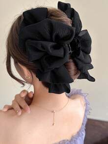 topshiny Elegant Black Wide Layered Ruffle Bow Hair Clip, Hair Accessory For Women - Black - View 11