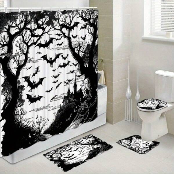 Halloween Bathroom Set With Shower Curtain, Non-Slip Bath Mat, Toilet Lid Cover And Seat - Waterproof Polyester Material With Frightening Bat Pattern, Woven, Includes 12 Hooks - Essential Bathroom Decor, Dry Clean Only