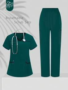 Damen Lässig Work Uniform mit Mandarin-Kragen, Farbblock, Multi-Taschen, locker geschnitten mit Kordelzug, Krankenschwestern-Uniform, Gesundheitswesen, Zahnarztpraxis, Tierklinik, Laborarbeitskleidung - Dunkelgrün - Übersicht 1