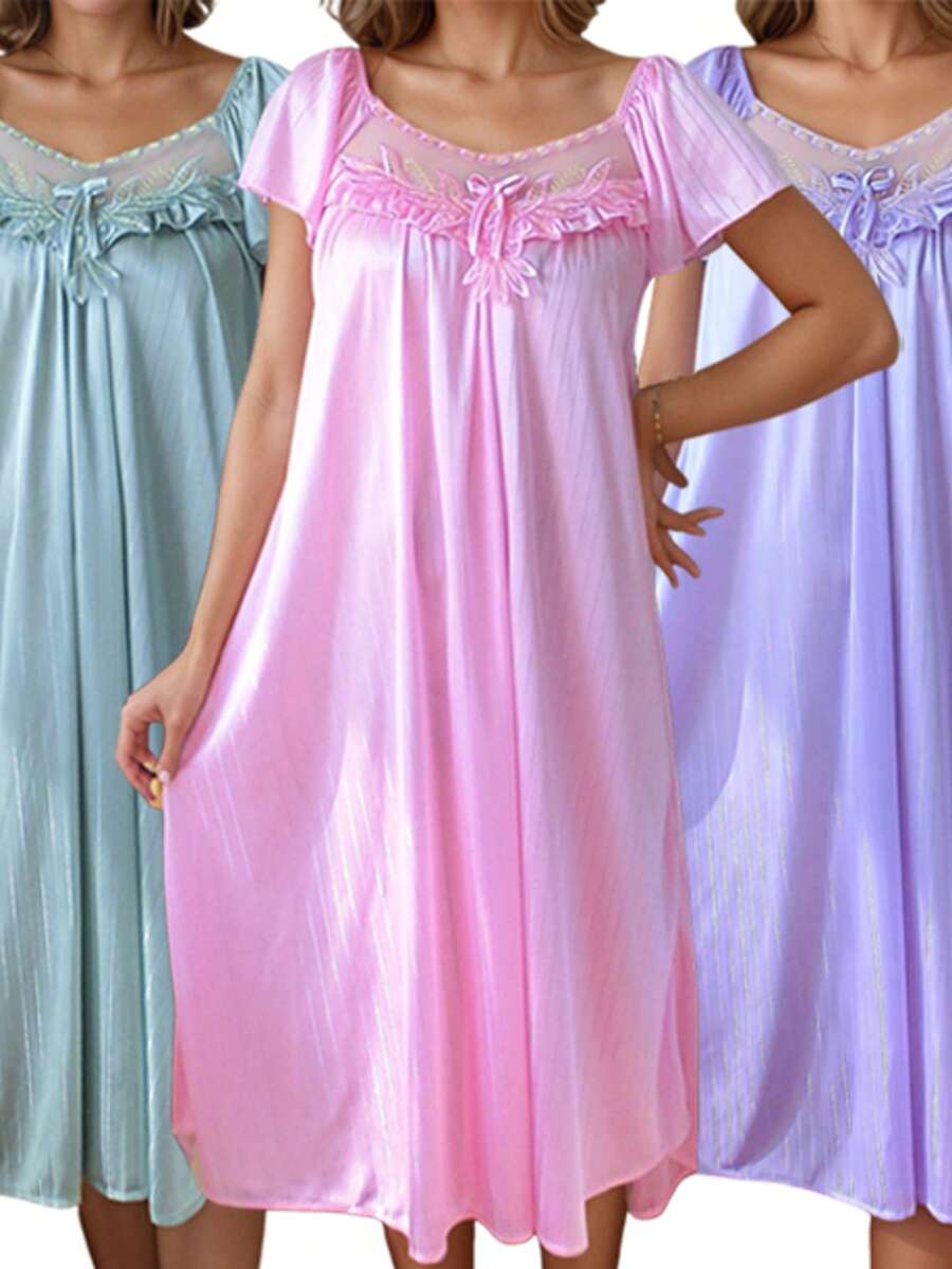 Summer 3-Piece Set For Women's Lace V-Neck Bow Pajamas, Simple Solid Color Nightdress, Rayon Short-Sleeved Home Clothes - Hồng vừa + Tím nhạt + Xanh lá - Xem 1