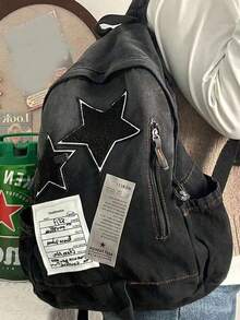 Y2K 紮染漸層復古星星與字母印花報紙大容量中性酷街頭風女款後背包，開學熱門星星印花 - 黑色 - 查看 3