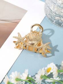 发夹 1 件优雅时尚金属海星和贝壳发夹发饰优雅爪夹，学校用品，学院秋季配饰 - 金色 - 查看 2