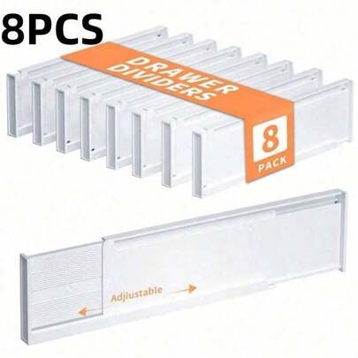 8 piezas Divisores de cajón Adjustable - Dilatadores expandibles de plástico para dormitorio, baño, cocina, armario, oficina - Solución de almacenamiento sin desorden, blanco, Divisibles