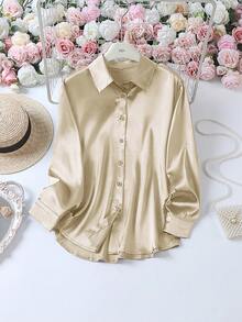 Blusa de satén casual para mujer, camisa con botones y diseño de cuello, elegante para la oficina y uso casual, primavera y verano - Champán - Ver 2