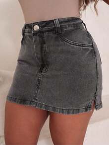Shorts Jeans Skirt With Side Opening - Màu xám đen - Xem 3