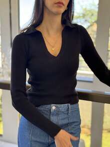 POLO NECK LONG SLEEVE TANK TOP IN KNIT MODAL NEW COLLECTION IVERNO - 黑色 - 查看 2