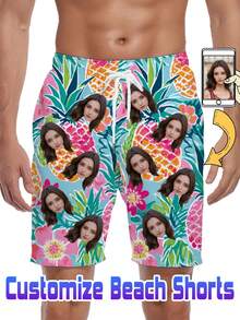 Custom Graffiti Pineapple And Flowers Print Beach Shorts With Face, Personalized Couple Photo Swimwear, Customize Photo Swim Trunks, Swimsuit With Picture For Men, Couple Beach Face Swimwear