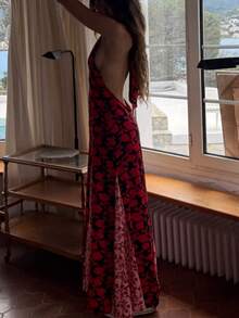 Polka Dot Dress For Women Y2k Halter Maxi Dresses Summer Beach Vacation Long Dress Sleeveless Deep V Neck Tie Back Dress Sundress Party Backless Boho Dress - Đỏ - Xem 3