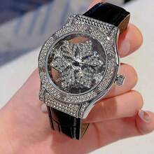 1pc Fashion Transparent Back Women's Diamond Inlaid Watch, Rotatable Starry Sky Dial, Snowflake Pattern Design, Stainless Steel Case, White Strap, Waterproof Quartz Watch Perfect For Women's Date Gift And Daily Wear - Black - View 15