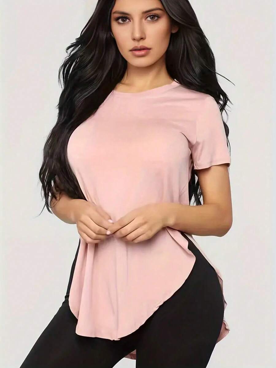 Trioutop Loose Fit Side Slit Round Neck Casual T-Shirt - Pink - View 1