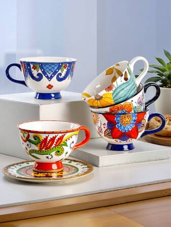 1pc 500ml Ceramic Glazed Under-Glaze Color Handle Coffee Mug, Bohemian Style Creative Wide Mouth Narrow Bottom Breakfast Cup, Tea Cup, Couple Water Cup, Juice Milk Cup, Suitable For Afternoon Tea, Cafes, Tea Houses, Holiday Gifts, Birthday Parties