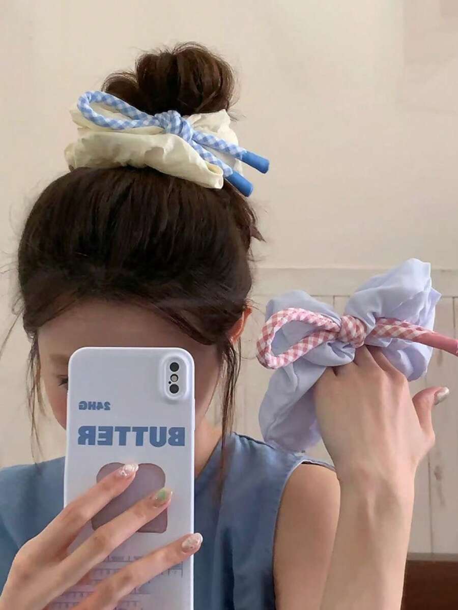 1 件甜美学院风粉色和蓝色格子蝴蝶结装饰发圈，蓬松云朵马尾辫固定发圈，发圈，发圈，洗脸，发饰