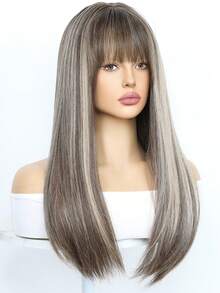 SMILCO 24-Inch Women's Wig, Long Straight Hair With Straight Bangs, Brown Highlights, High-Temperature Silk, Comfortable And Breathable, Suitable For Daily Wear - 挑染棕色 - 查看 8