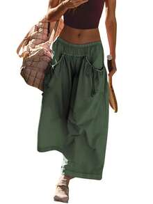Womens Casual Wide Leg Cropped Pants, Lightweight Solid Color Trousers, Elastic Waist Drawstring Loose Fit With Pockets - Army Green - View 3