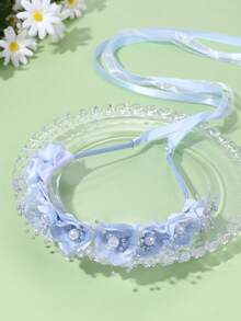 1pc Blue Floral Wreath Headband, Elegant Faux Pearl Headband With Long Ribbon Tail, Flower Crown Headpiece, Flower Girl Headband, Wedding Engagement Hair Accessory, Teens Hair Clip - Blue - View 8