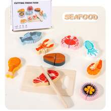 Juego de corte de madera, diversión y juego educativo para niños, temas de frutas, mariscos y alimentos, idea de regalo perfecta
