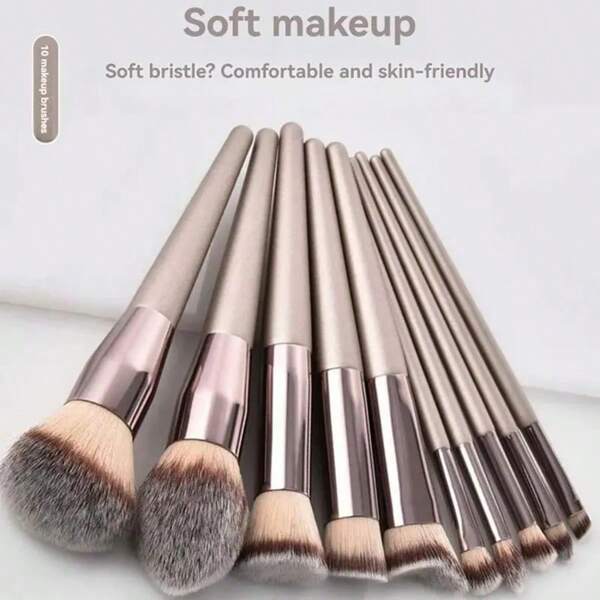 10pcs/Set Champagne Gold Makeup Brushes Set, Professional Foundation, Blush, Concealer, Eyeshadow Kit