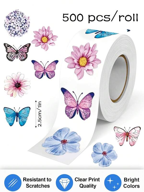 500pcs/Roll Irregular Butterfly & Floral Doodle Stickers, 1-Inch Cartoon Decorative Tape For Gift Wrapping, Phone Cases, Water Bottles, Scrapbooking, Back To School, Teacher Rewards, PVC Waterproof Seal Stickers