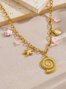 1 Acessório Pendente Fashionable Banhado a Ouro com Concha, Estrela, Vieira, Sol, Golfinho, com Corrente Grossa de Aço Inoxidável