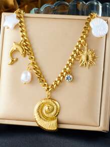 1 Acessório Pendente Fashionable Banhado a Ouro com Concha, Estrela, Vieira, Sol, Golfinho, com Corrente Grossa de Aço Inoxidável