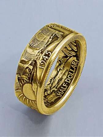 1pc Fashionable Engraved 1945 Morgan Gold Colored Ring For Men