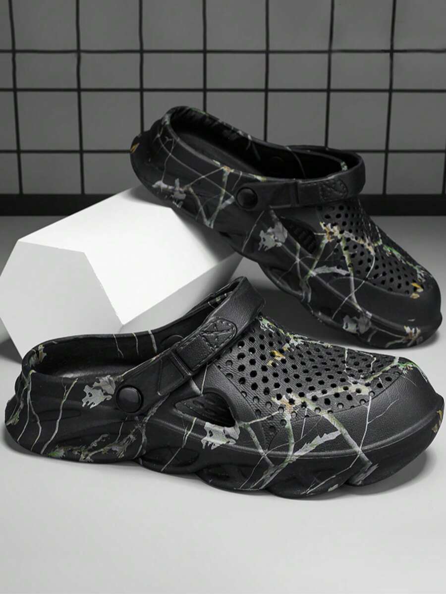 Men's Summer Breathable Slip-On Sandals - Lightweight EVA Thick-Soled Beach Shoes Suitable For Outdoor Camping, Water Sports And Casual Wear - Unisex Black Grey, Beach Shoes, Camping Shoes, Streetwear Style Footwear, Hollow-Out Design Beach Slippers - Black - View 1