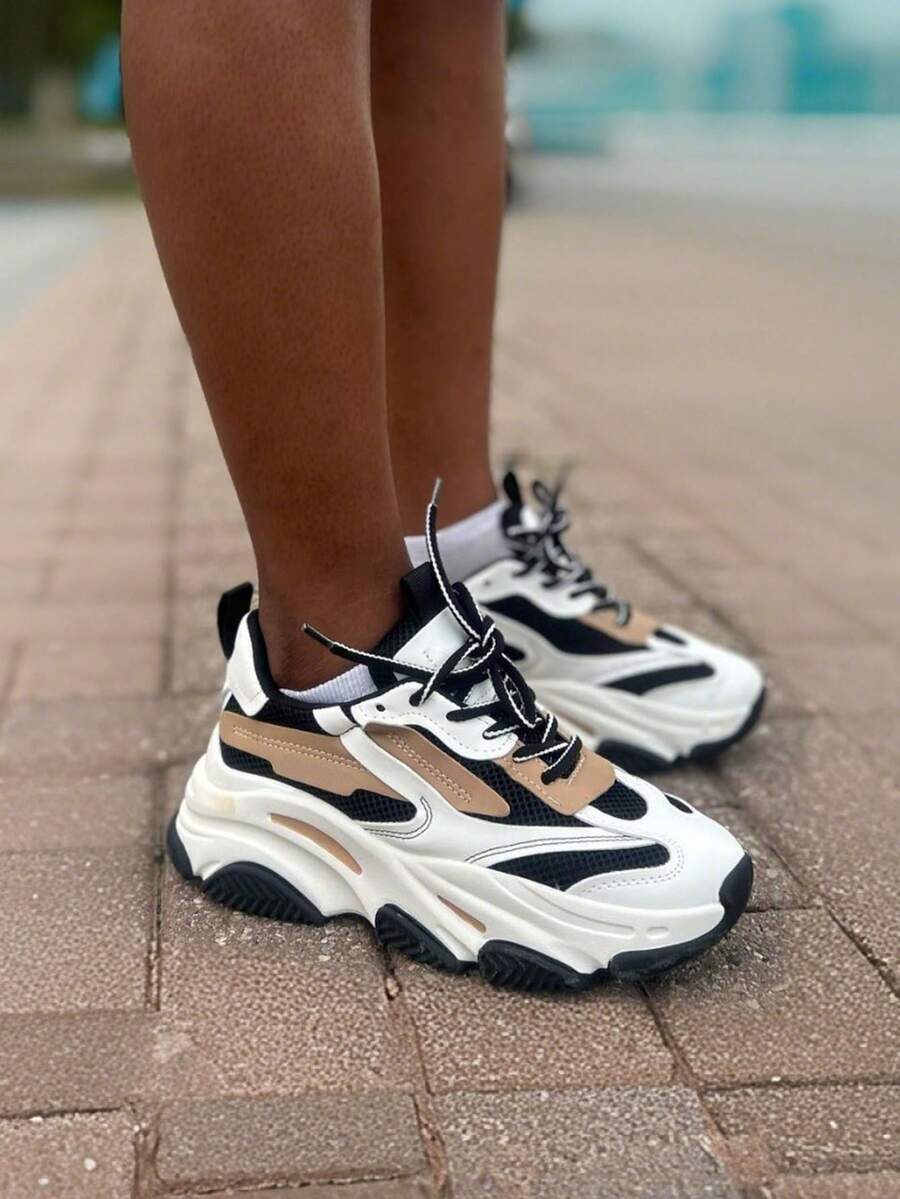 Women's Breathable Flat Sneakers Fashion Chunky Lace-Up Casual Comfortable Platform Sneakers Workout Sport Running Walking Tennis Shoes - 黑與白 - 查看 1
