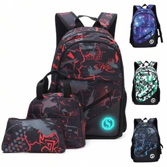 GUSTELL 3pcs/Set Kids Backpack Set, Suitable For Boys, Girls, Middle/Primary/Kindergarten School, With Padded Back And Adjustable Shoulder Straps, Fashionable Printed Design, Great For School Or Outdoor Activities, Everyday Use (Red, Blue Lightning Graphic)