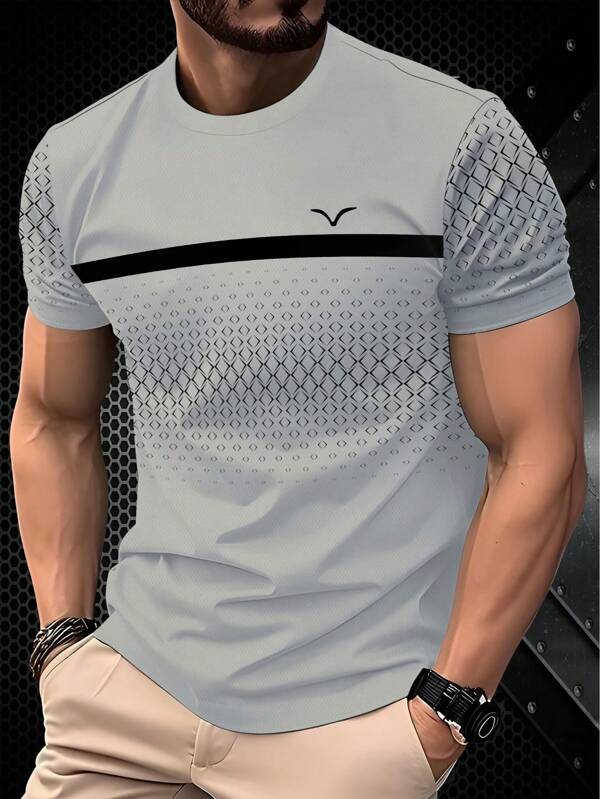 Camiseta de manga corta de retazos para hombre, mezcla de estampado geométrico a cuadros y unicolor, Top casual tipo pullover