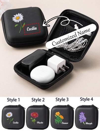 1pc Headphones Storage Box With Flower Pattern And Customizable Name, Data Cable Earphone Hard Case, Personalized Hard Disk Protection Box, Portable Multi-Function Zipper Bag, Easy To Carry - Suitable For Electronic Accessories - Suitable For Travel And Home Use, Suitable For Earphones