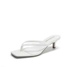 Women Comfortable Kitten Heel Thong Heeled Sandals Fashion Square Open Toe Slip On Casual Slides For Spring Summer Daily Wearing - White - View 5